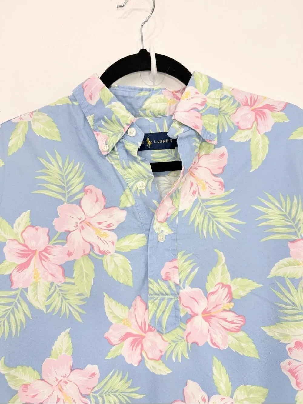 Ralph Lauren Light Blue Tropical Print 100% Cotton Short Sleeve Pullover Shirt